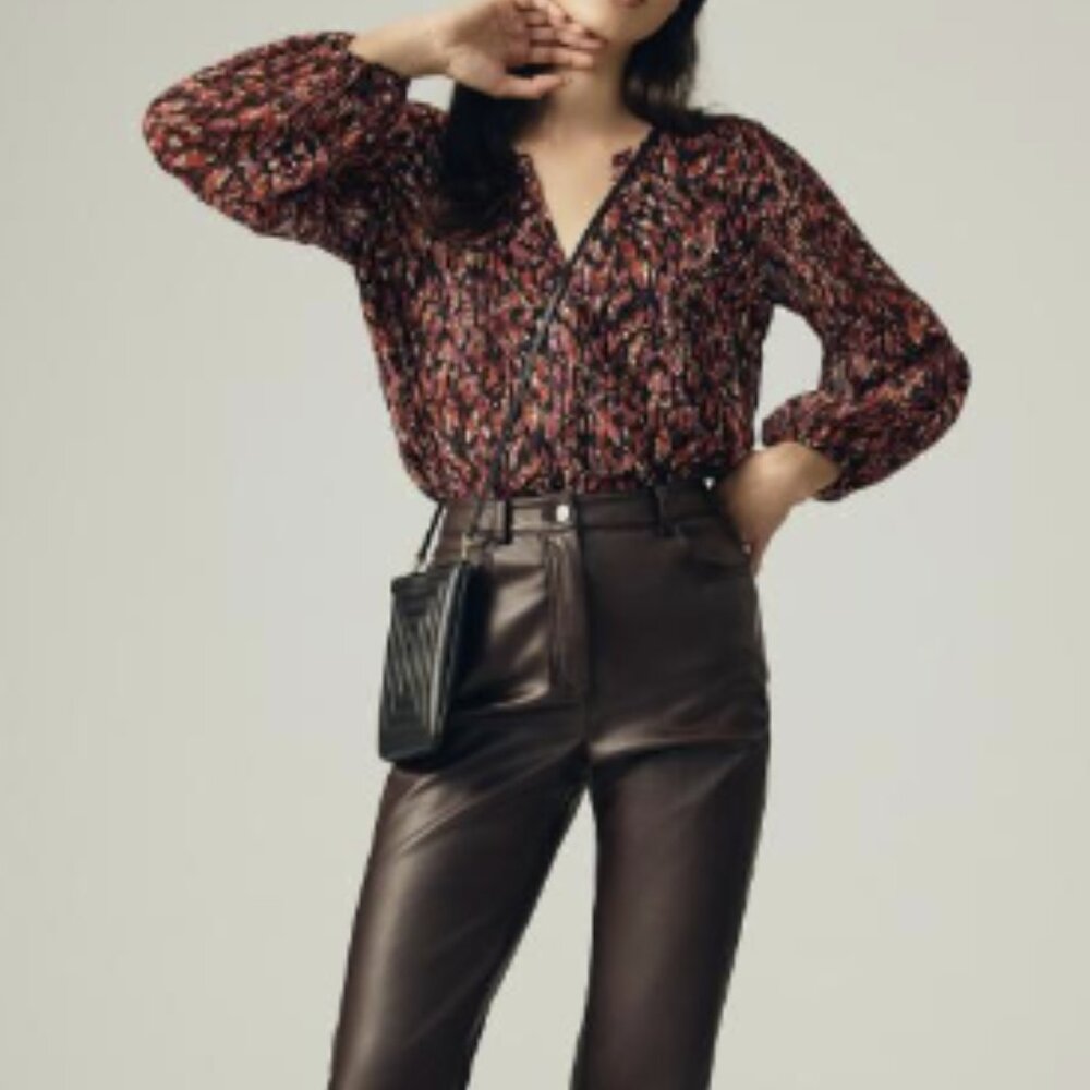 NWOT Anthropologie Sarah Hann Feather Print Blouse Semi Sheer Metallic Size L